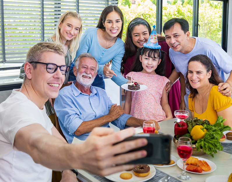 Happy family using private social network